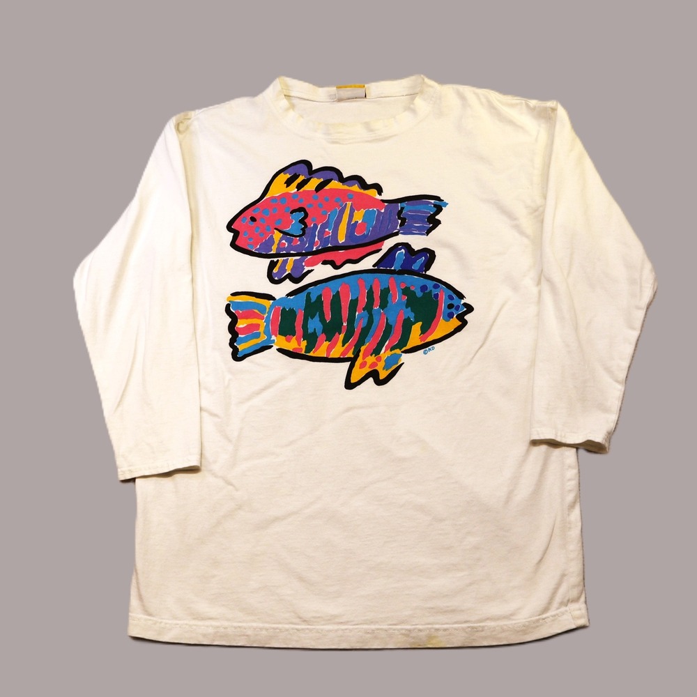 Done Art & Design Fish Graphic Long Sleeve Shirt Off White 3/4 Sleeve M Vintage